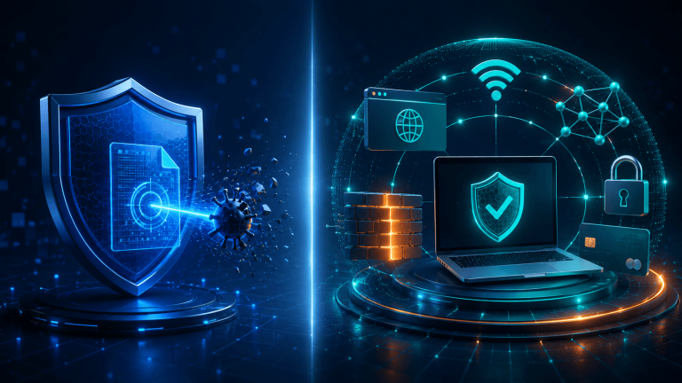 Antivirus vs internet security comparison showing malware, firewall, web and privacy protection